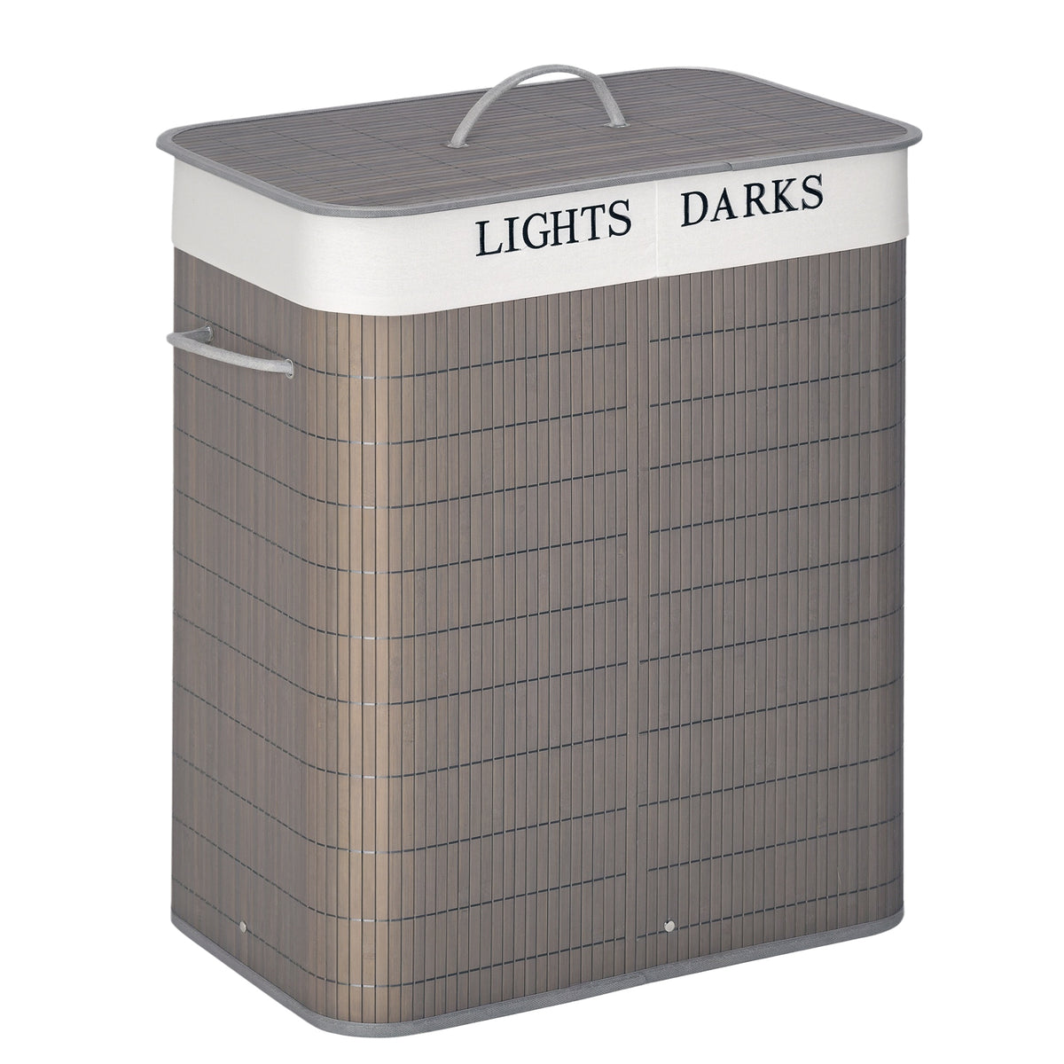 Closed gray laundry hamper with lid, rope handles, and labeled two-section liner