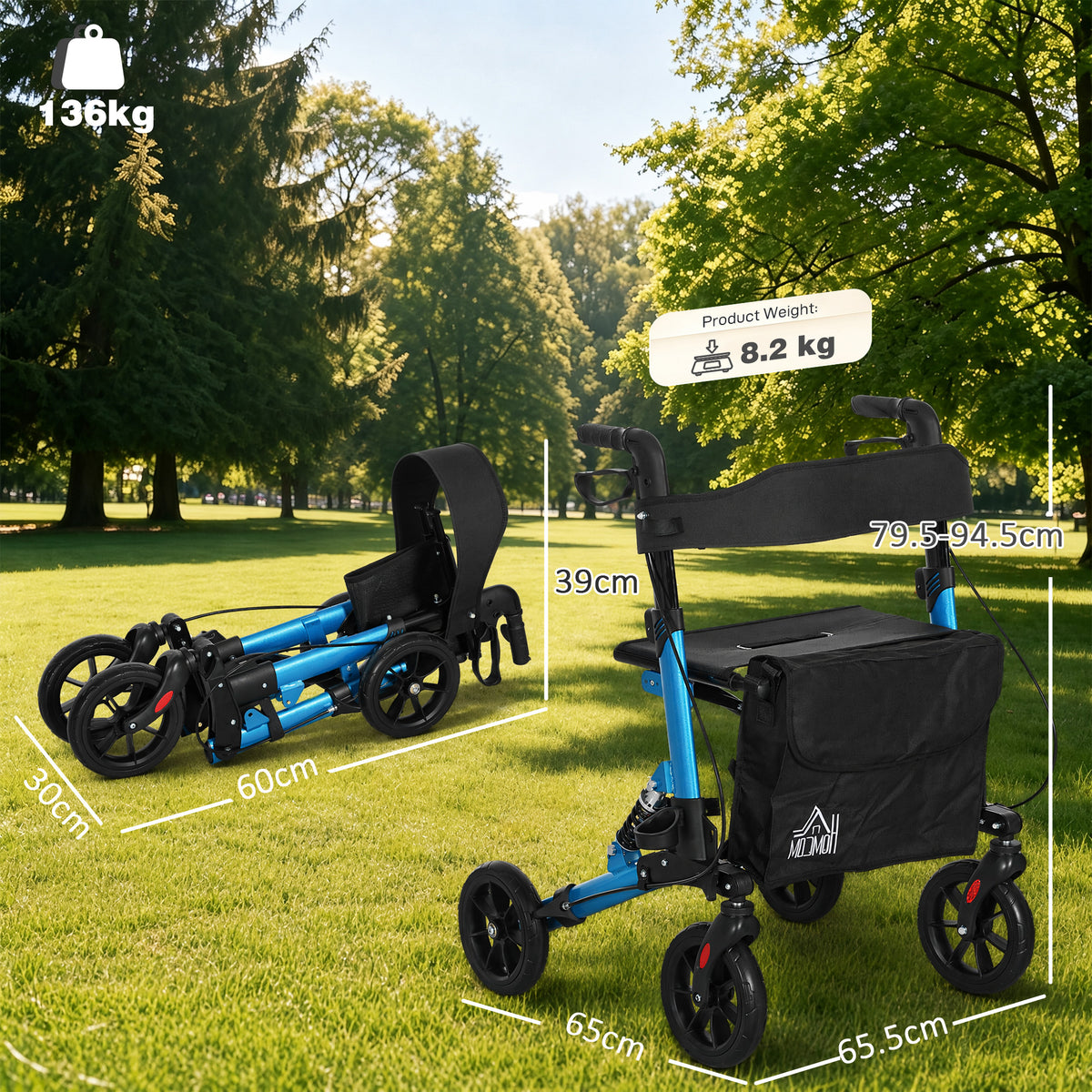 HOMCOM blue rollator shown folded and upright, with dimensions and weight labels