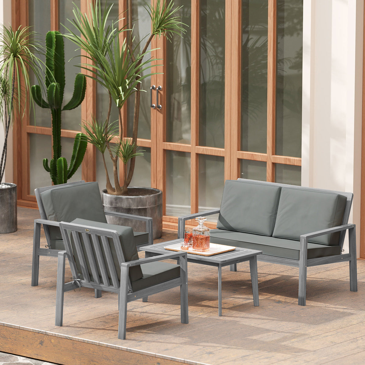 Outsunny 4-Piece Wooden Garden Furniture Set with Cushions - Light Grey