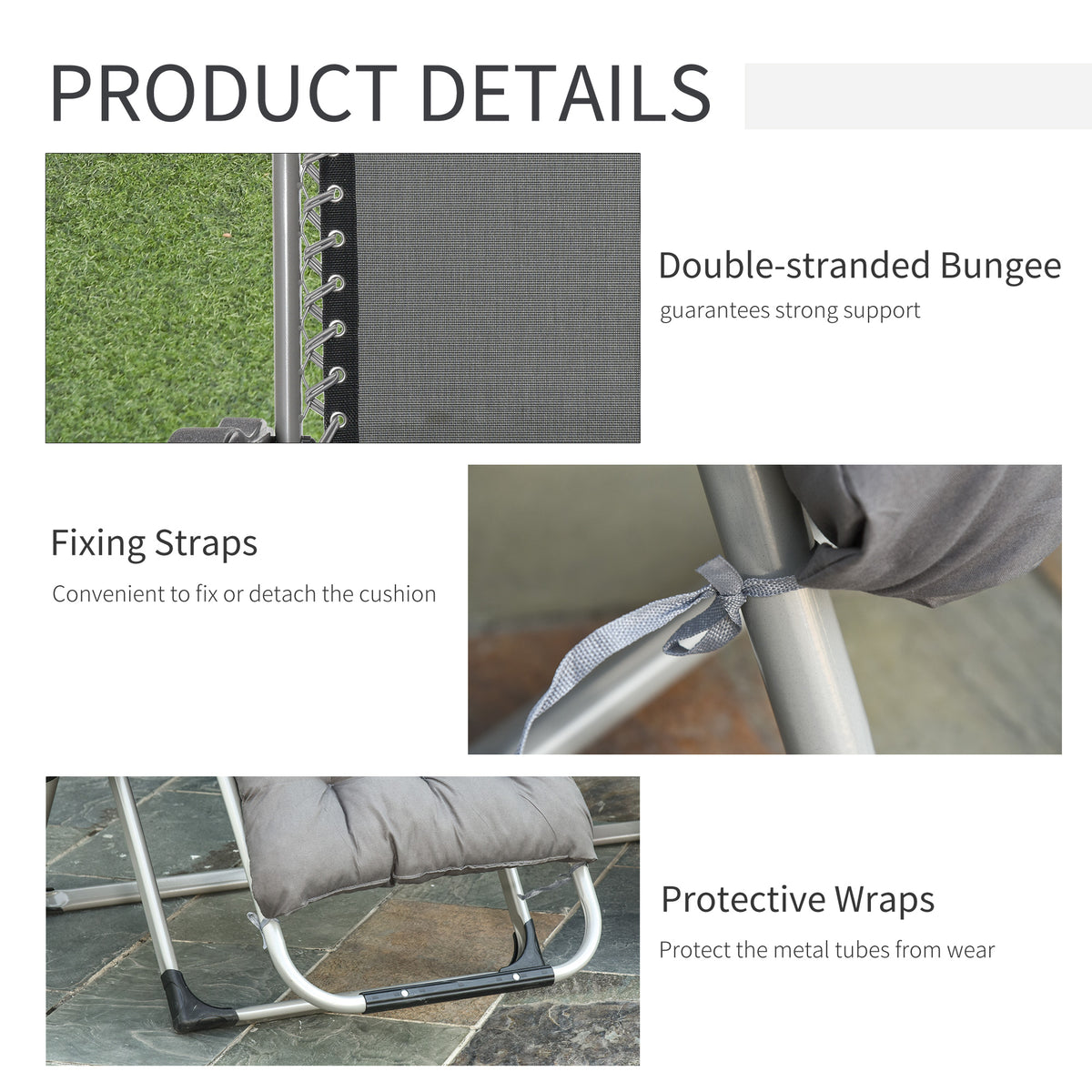 Lounger detail showing bungee lacing, cushion straps, and protective frame wraps