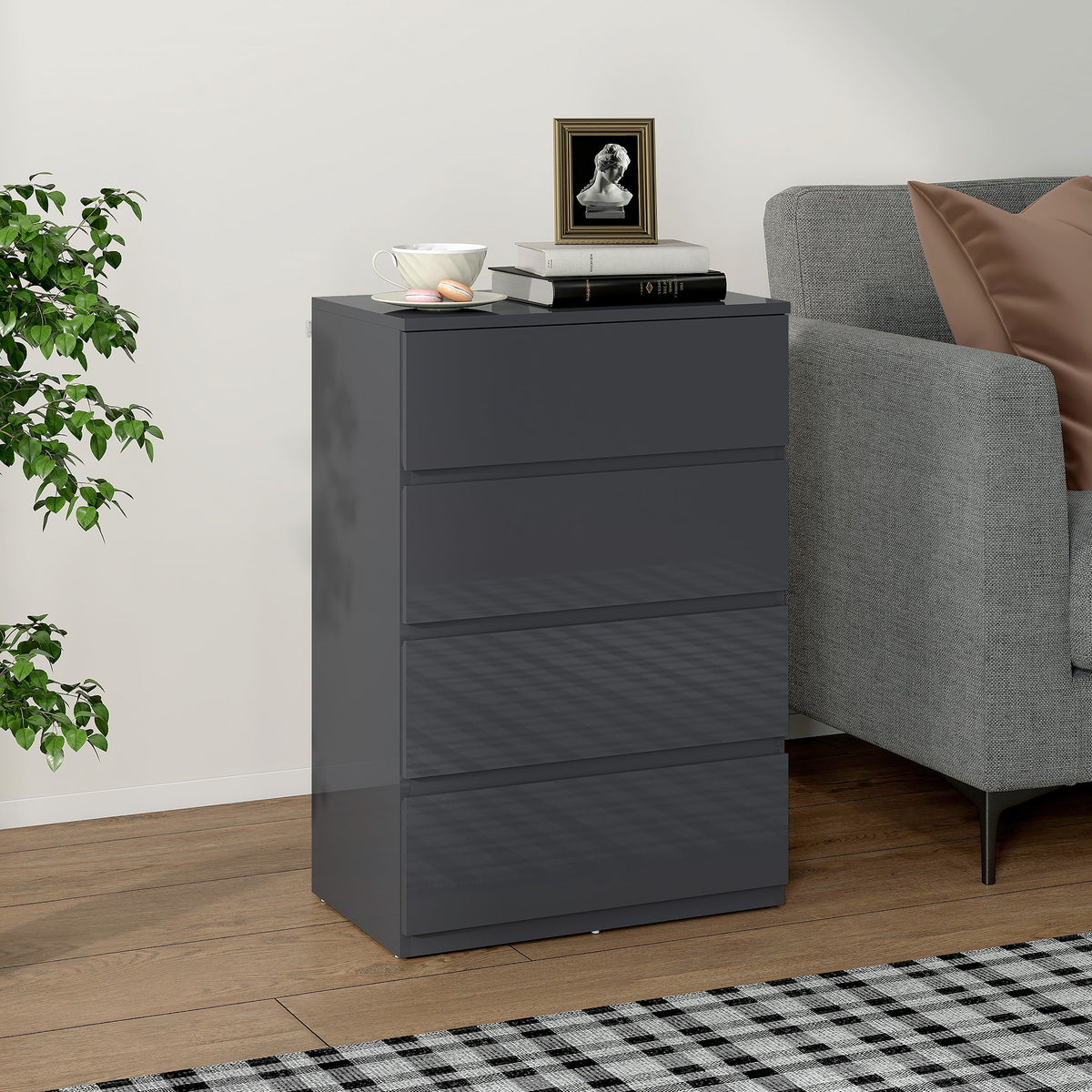HOMCOM High Gloss Chest of Drawers, 4-Drawer Storage Cabinets, Modern Dresser for Bedroom, Grey
