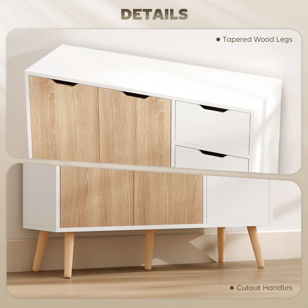 HOMCOM sideboard featuring cutout handles, wood-look doors, drawers, and tapered legs