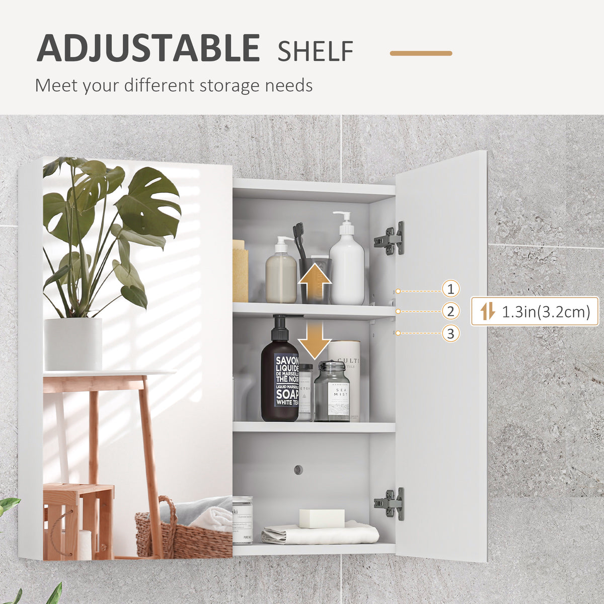 Bathroom mirror cabinet open to show three adjustable shelves and storage