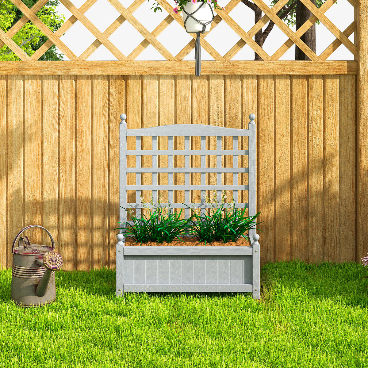 Outsunny Garden Planters with Trellis for Climbing Vines, Wood Raised Beds for Garden, Flower Pot, Indoor Outdoor, Grey