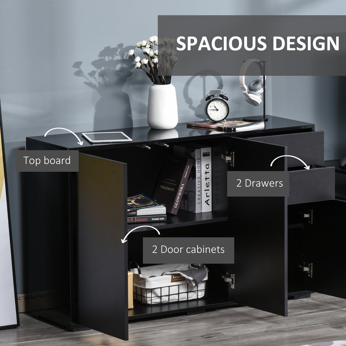Open black side cabinet showing two drawers, adjustable shelf, and two-door storage