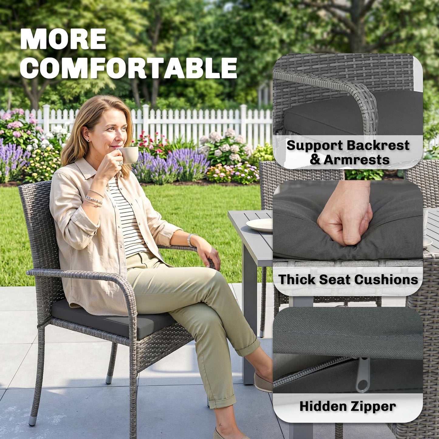 Outsunny 7 Piece Rattan Garden Furniture Set, 6 Seater Garden Table and 6 Stackable Chairs with Extendable Acacia Wood Tabletop