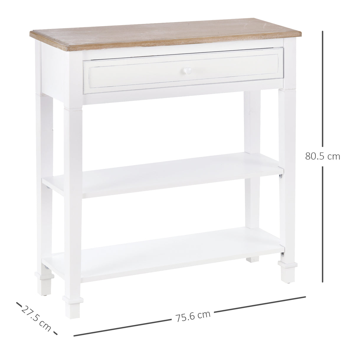 White console table with wood-look top, one drawer and two shelves; dimensions shown