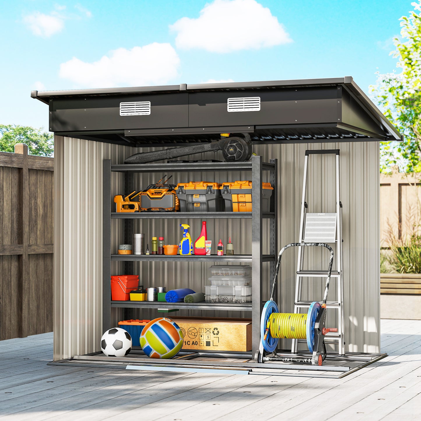 Outsunny 7 x 4ft Outdoor Storage Shed with Foundation Kit, Lean to Metal Garden Shed for Log, Rubbish Bin, Tool, Bike, Light Grey