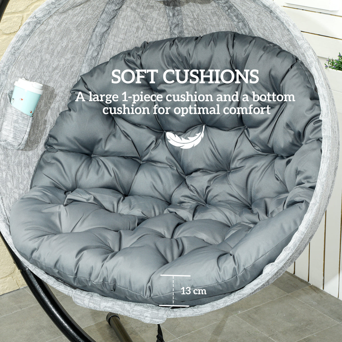Outsunny egg chair with thick tufted gray cushions and cup holder