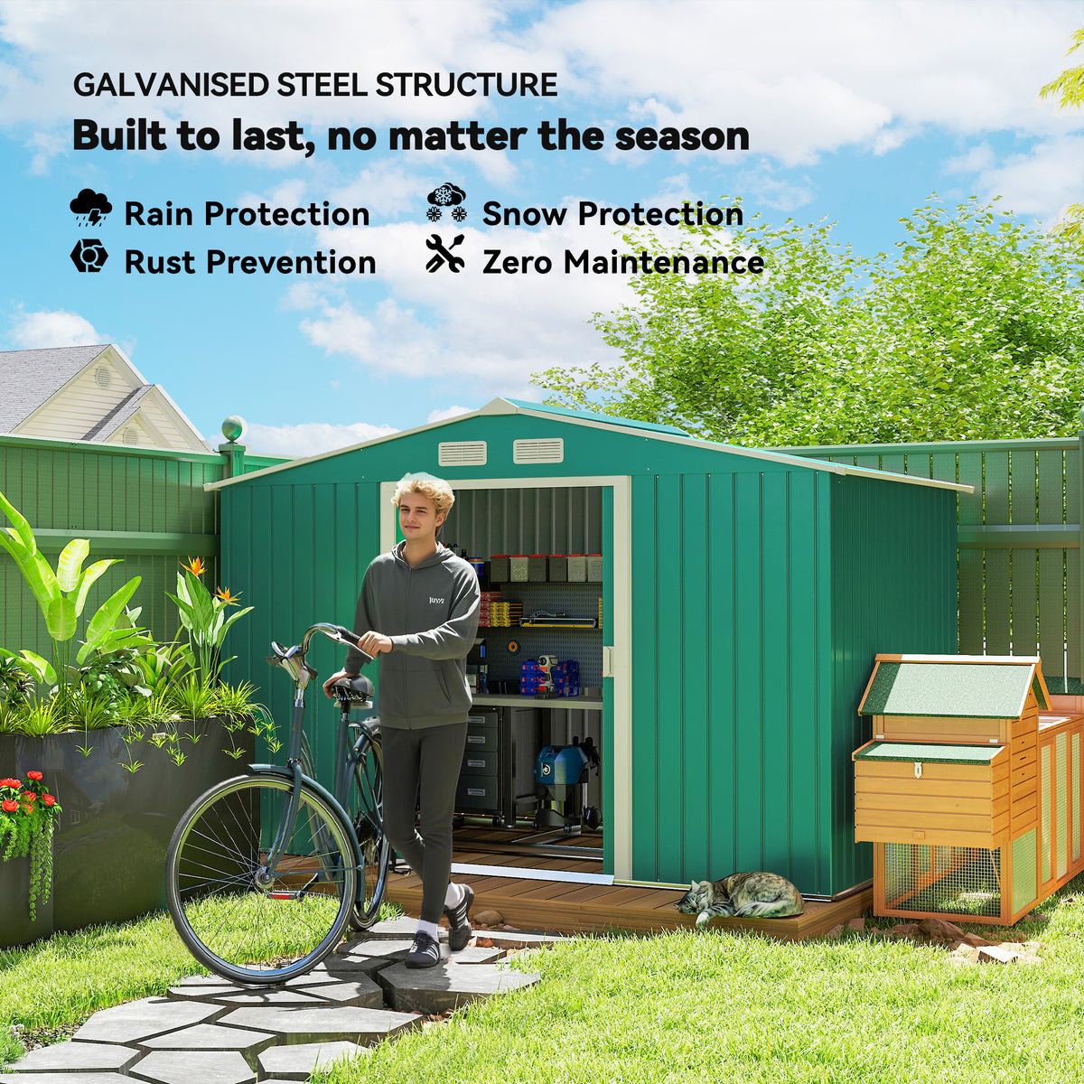Outsunny green metal garden shed with open double doors and visible storage shelves