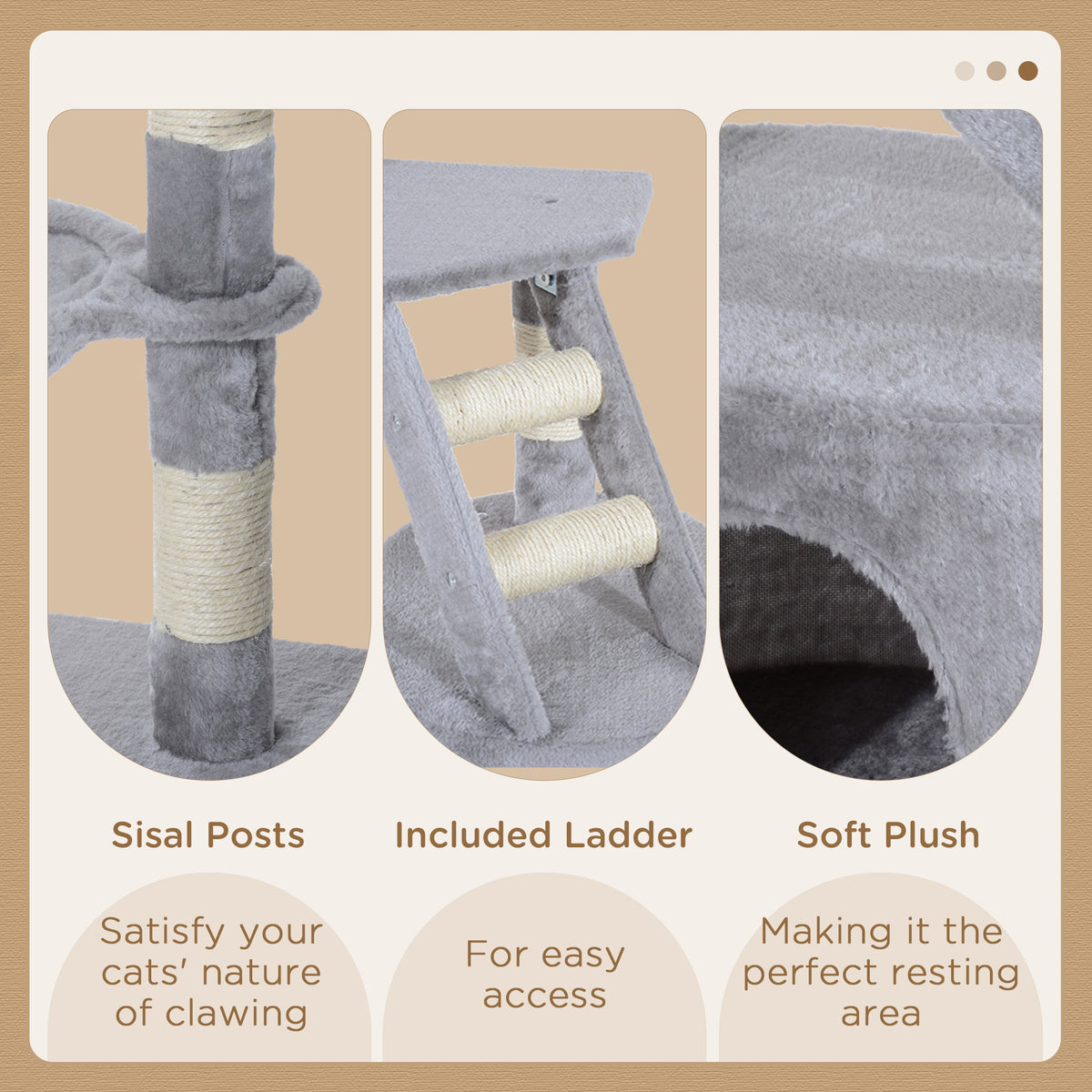 PawHut cat tree details showing sisal-wrapped posts, ladder rungs, and plush condo fabric