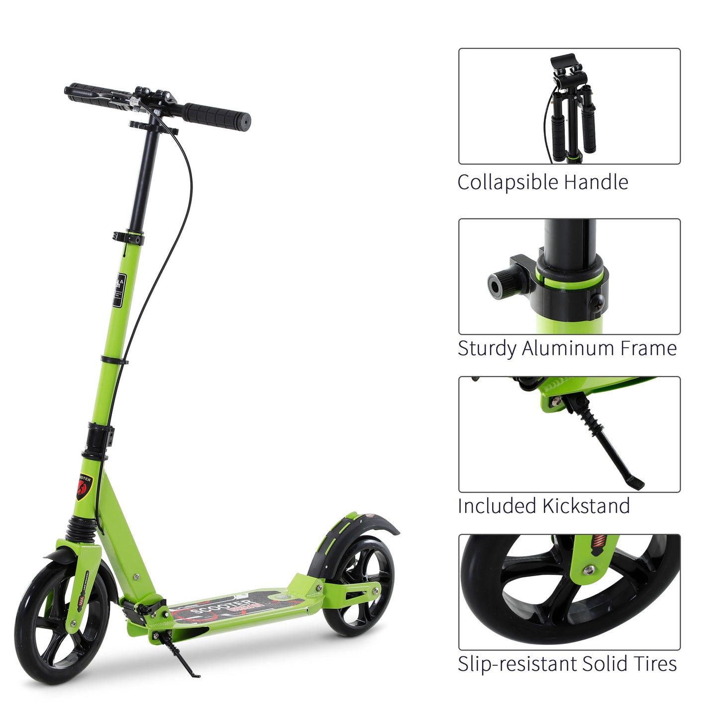 HOMCOM Kick Scooter, Folding 2 Wheel Scooter with Dual Brake System, Dual Suspension, 230mm Big Wheels and 3 Adjustable Handlebar, for 14+ Teens Adults, up to 100KG, Green
