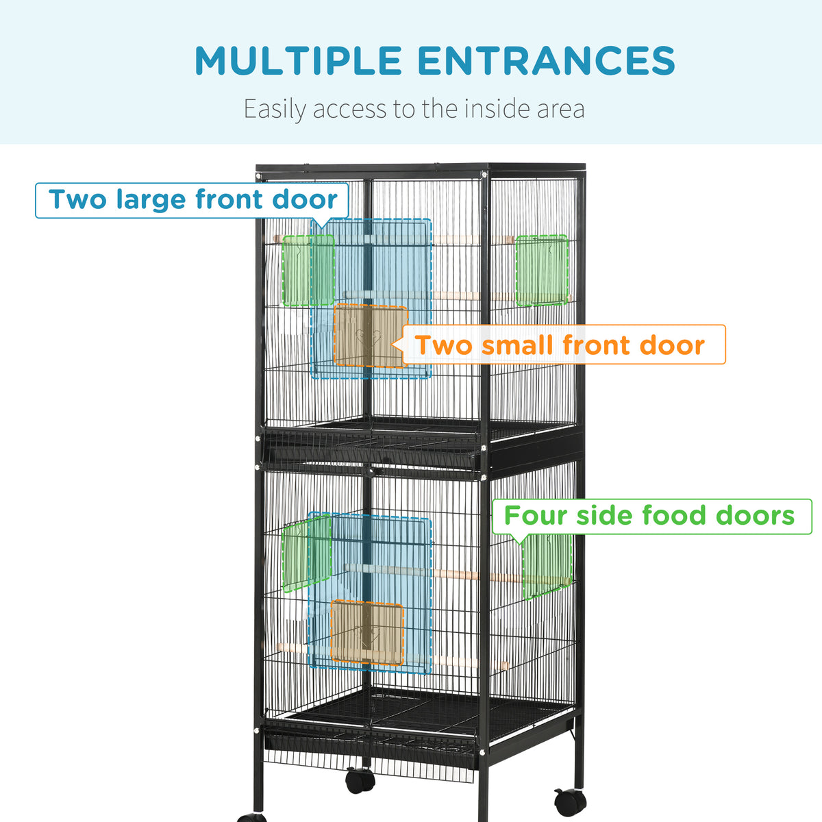 Black two-section bird cage with large and small front doors and side feeding doors.