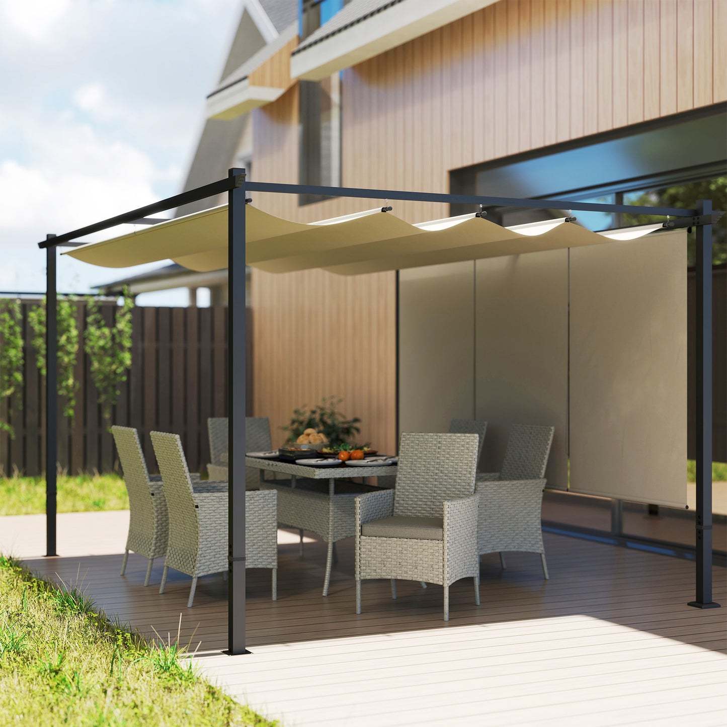Outsunny 3 x 4m Metal Pergola with Retractable Roof and Roller Shade, Free Standing Gazebo Canopy Pergola Kit, UPF30+ Outdoor Sun Shelter, Beige