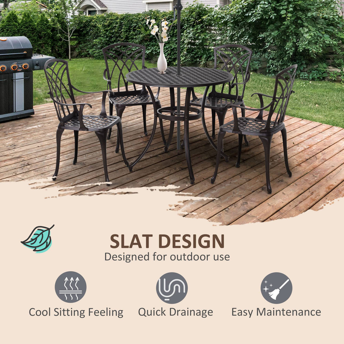 Outsunny five-piece dining set with four armchairs and round table outdoors