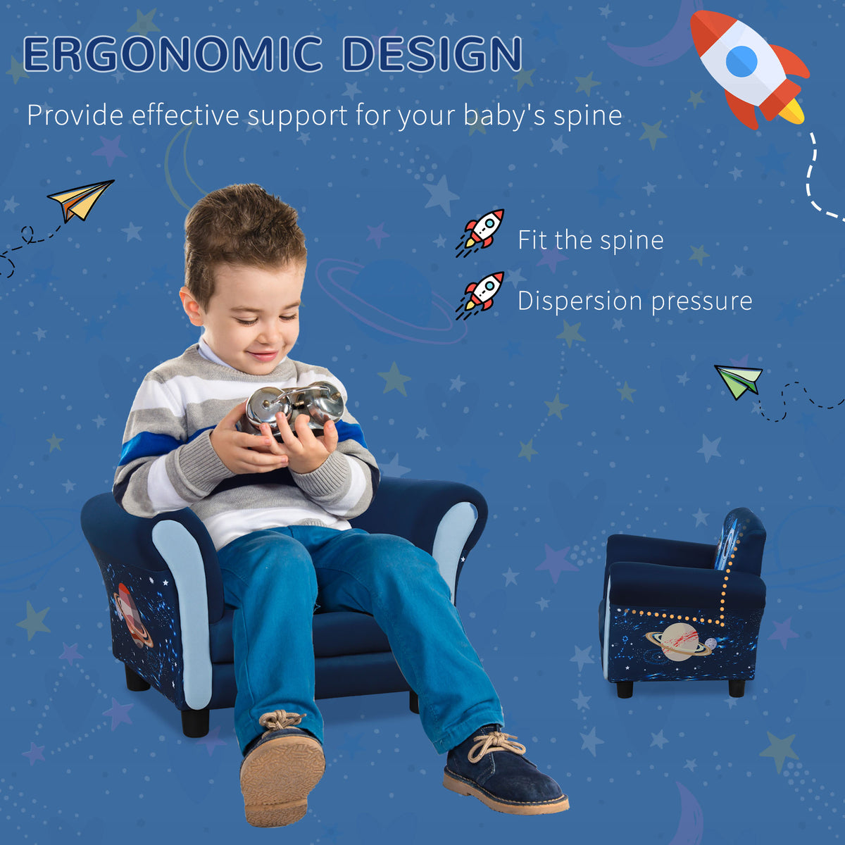 Child seated in a blue rocket-print armchair with curved padded armrests