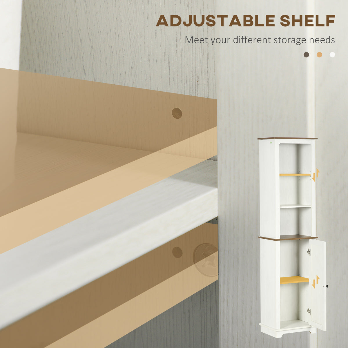 White bathroom cabinet with adjustable shelves and a lower cupboard door
