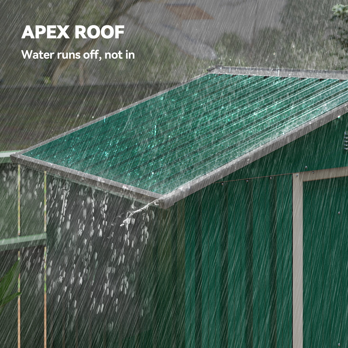Green metal shed with an angled apex roof designed to shed rainwater