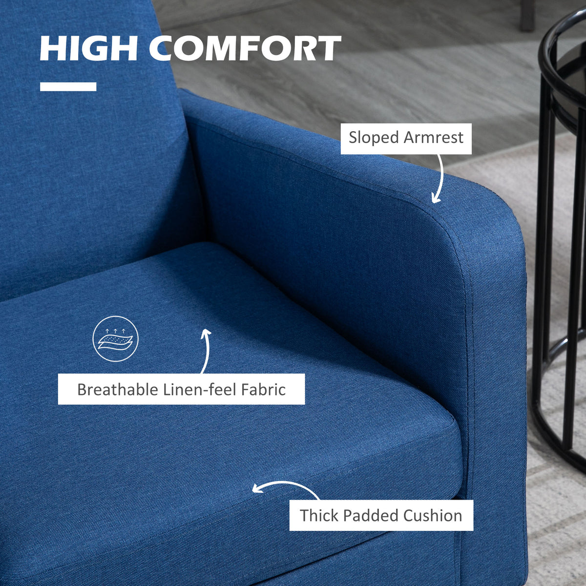 Blue armchair detail showing breathable linen-look fabric, thick cushion and sloped armrest