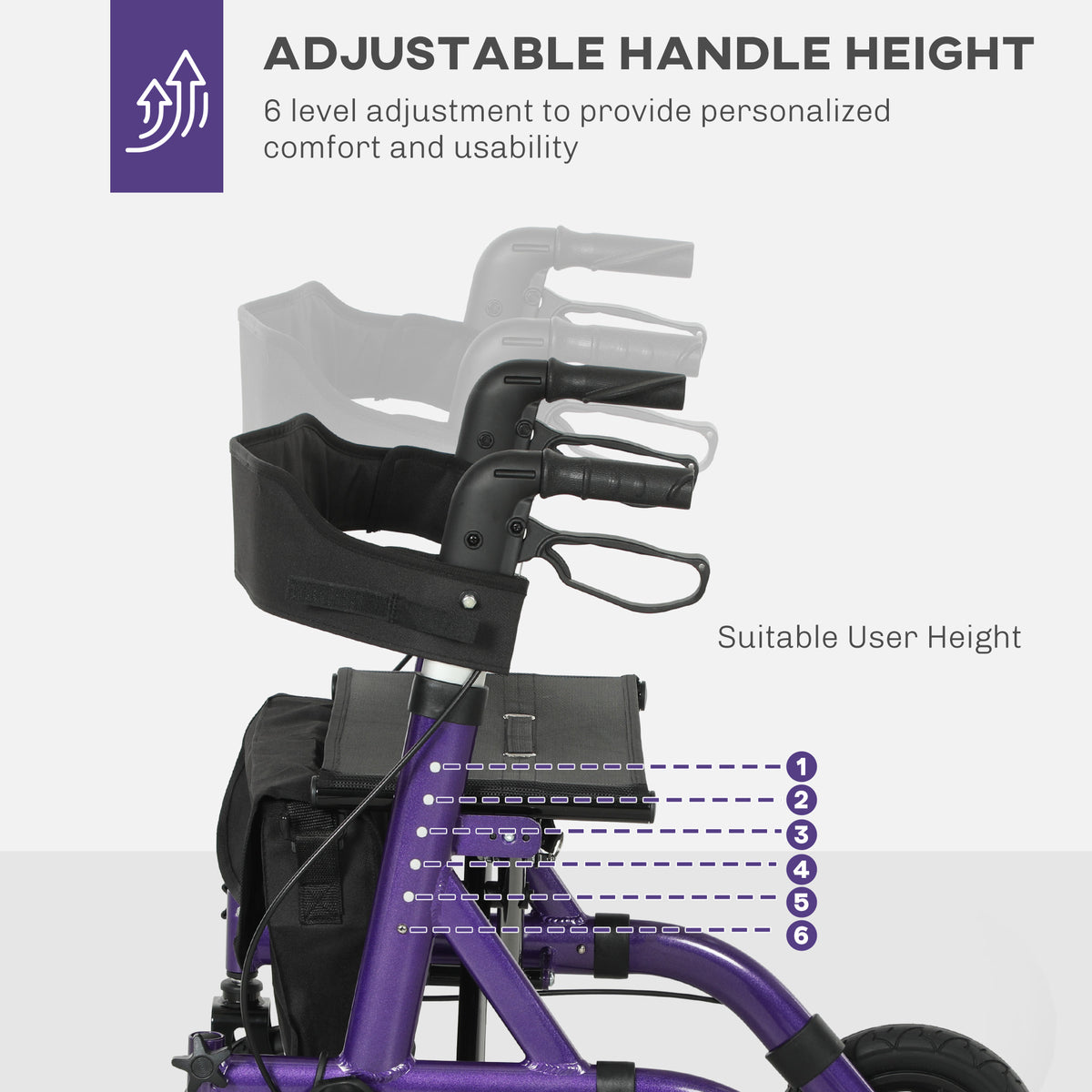 HOMCOM Folding Adjustable Rollator with Dual Brakes & 6 Adjustable Handle Heights for Seniors Purple
