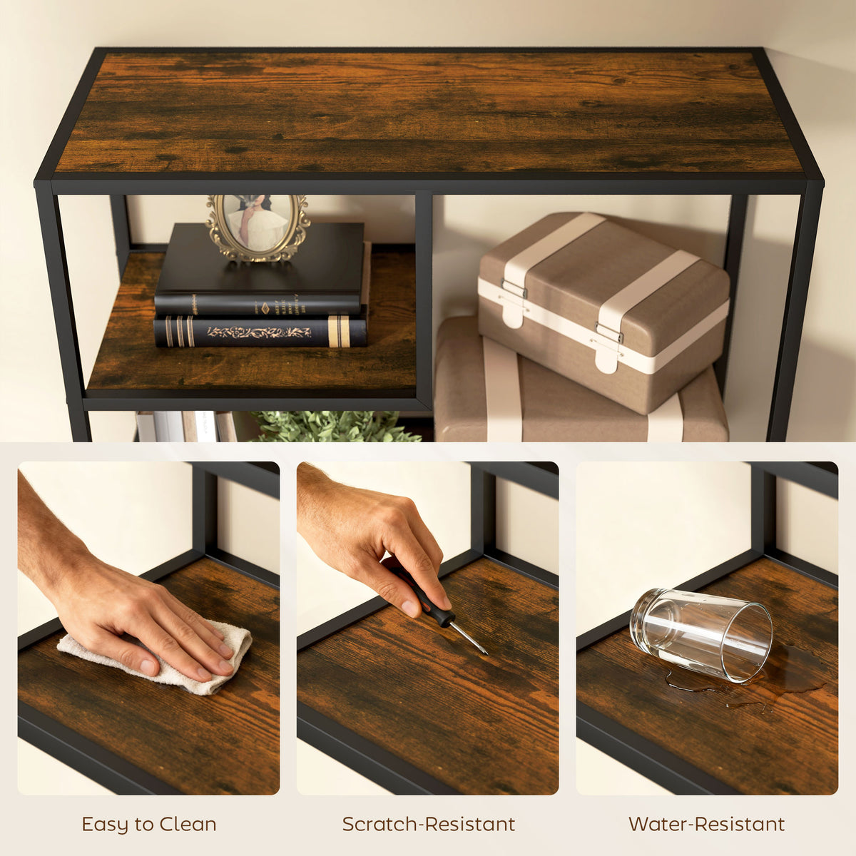 HOMCOM bookcase shelf close-up showing rustic brown finish and water-resistant surface