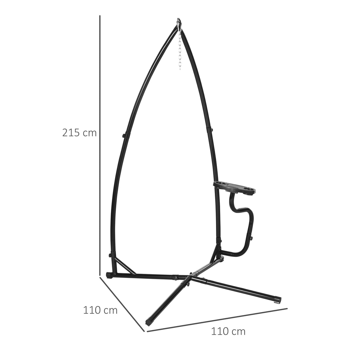 Hammock chair stand with height and base dimensions labeled