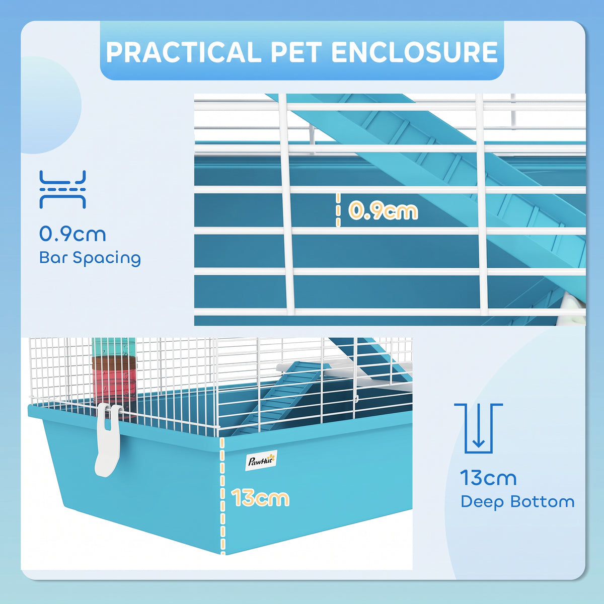 PawHut hamster cage close-up of wire spacing and deep blue base