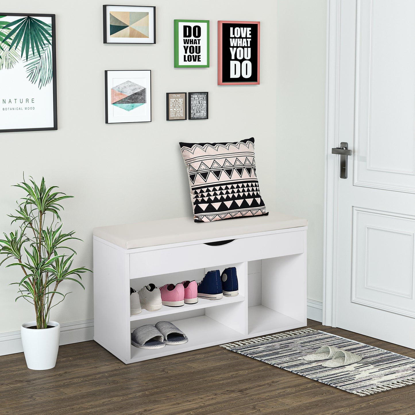 HOMCOM Wooden Shoes Cabinet Bench Hidden Storage Padded Seat Organiser Footwear Rack Hallway White 80 x 30 x 47 cm