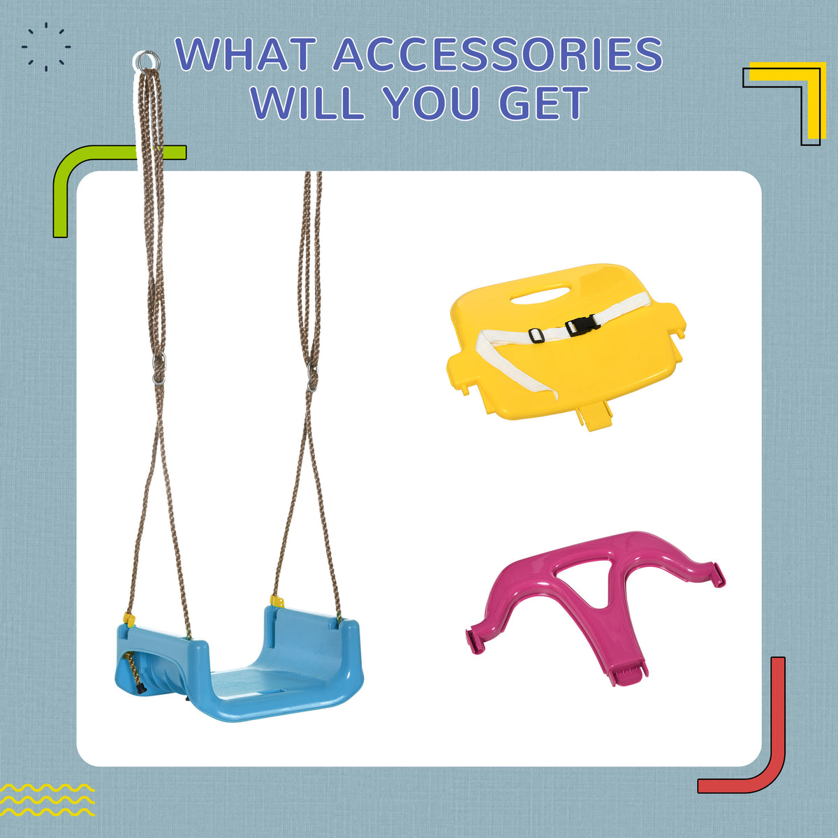 Outsunny kids swing components: blue seat, yellow backrest with belt and magenta T-bar