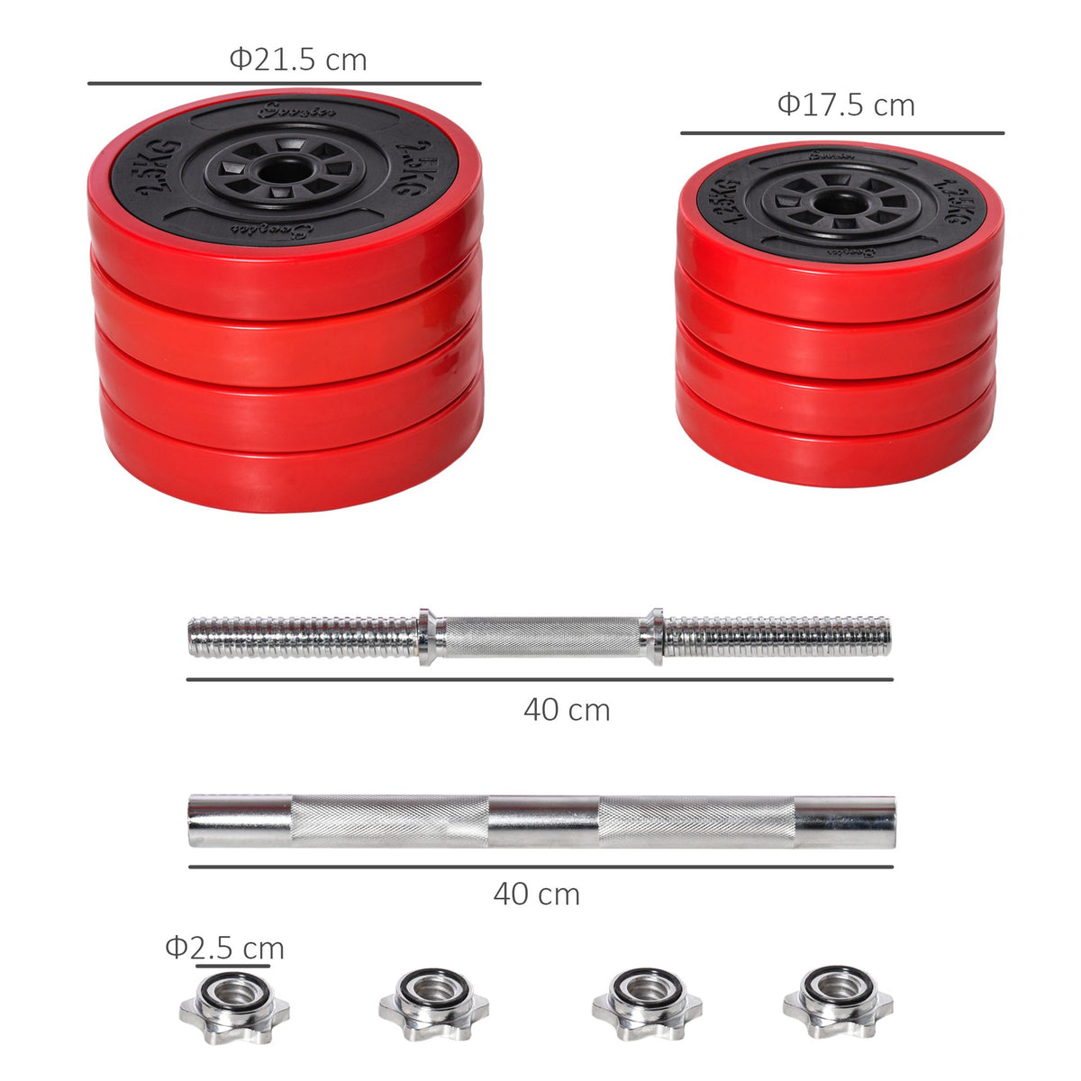 HOMCOM weight set components with red plates, two 40 cm bars, and four star collars