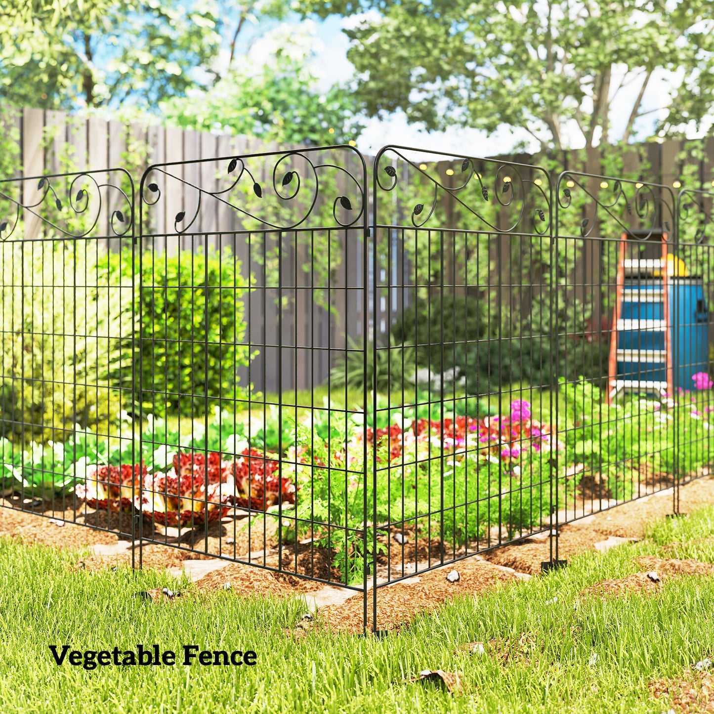 Outsunny Decorative Garden Fencing, 4PCs Outdoor Picket Fence Panels, 43in x 11.5ft Rustproof Metal Wire Landscape Flower Bed Border Edging Animal Barrier, Black