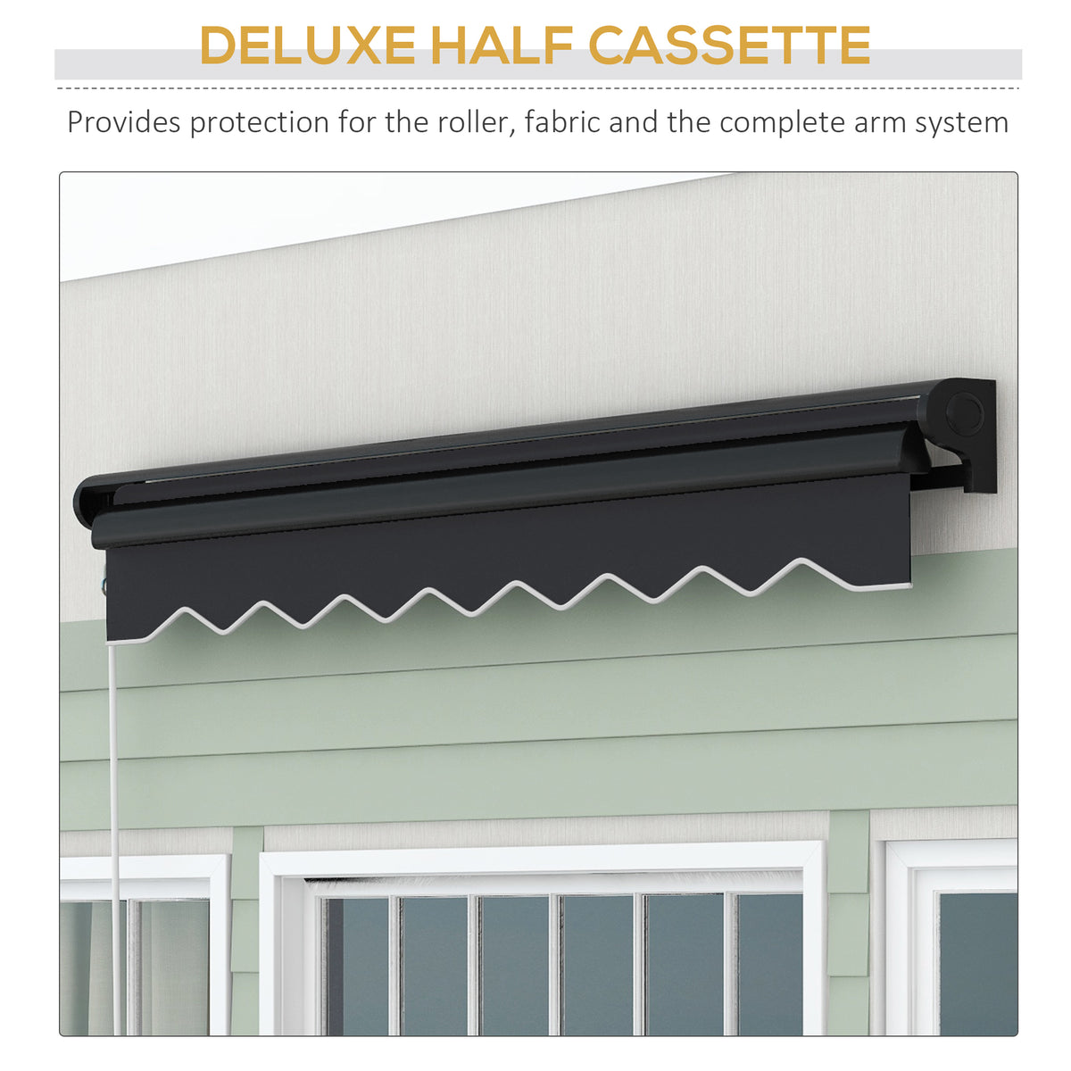 Grey retractable awning with half cassette protecting the roller, fabric and arms