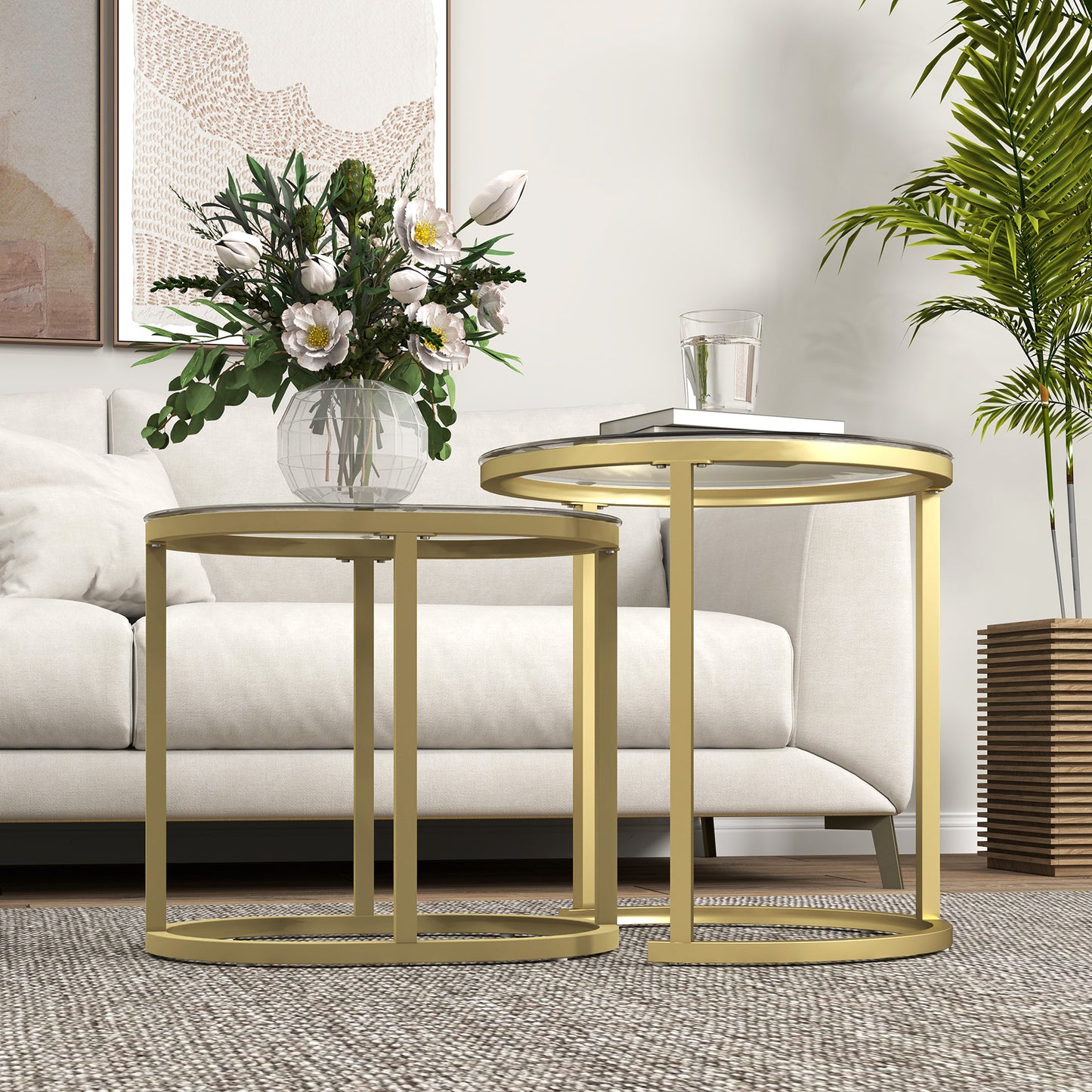 HOMCOM Nest of Tables with Steel Frame and Tempered Glass Tabletop, Modern Coffee Table Set of 2, Clear