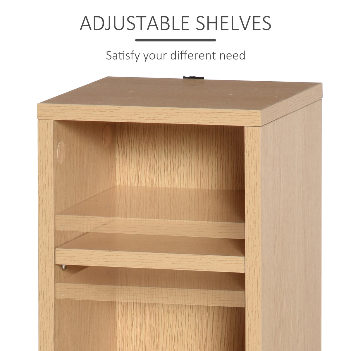HOMCOM natural wood media shelf close-up showing adjustable shelves