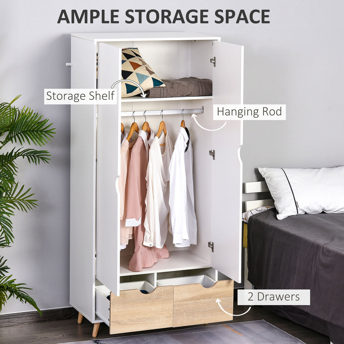 Open wardrobe showing a storage shelf, hanging rail, and two drawers.