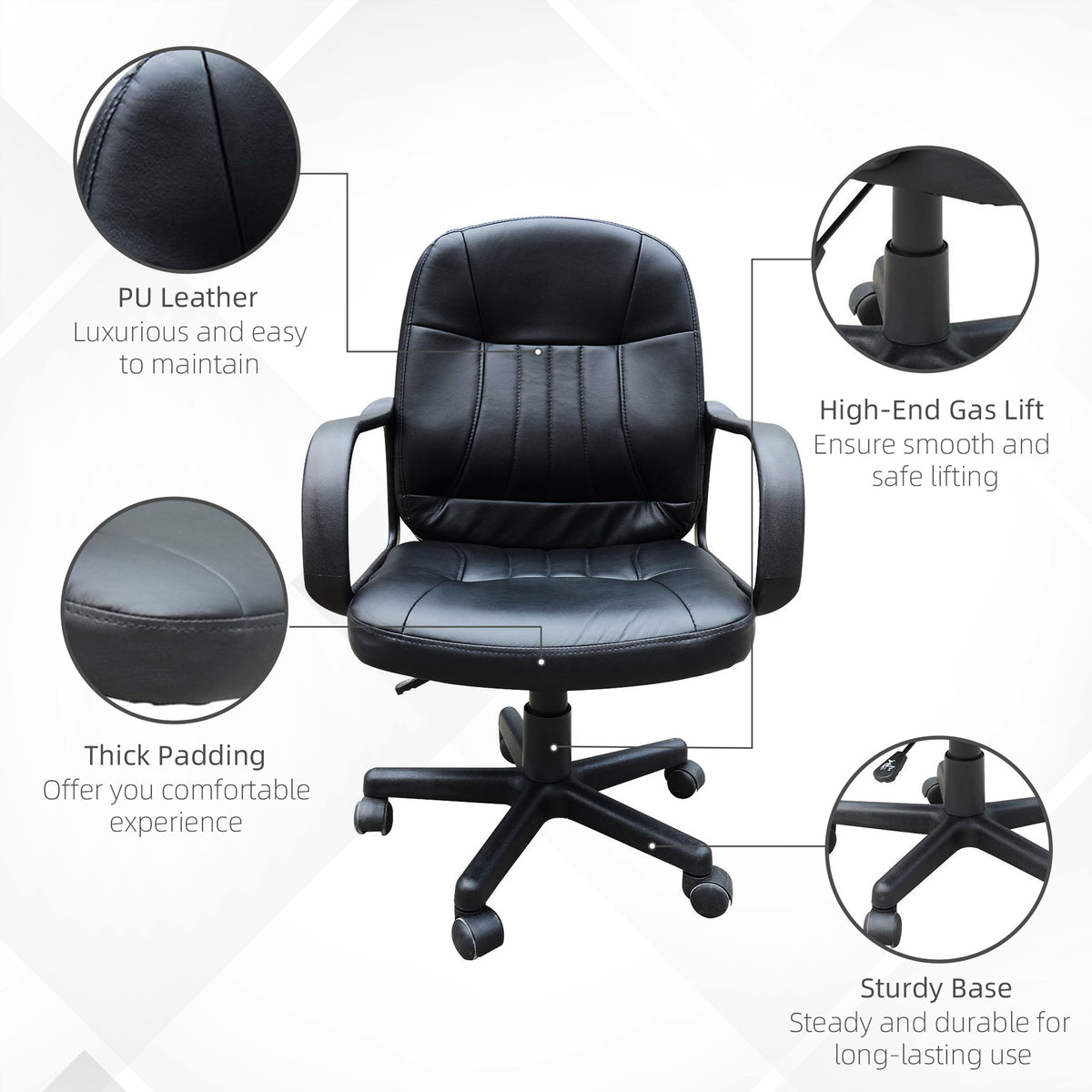 Black office chair highlighting PU leather upholstery, padded seat, gas lift, and sturdy base