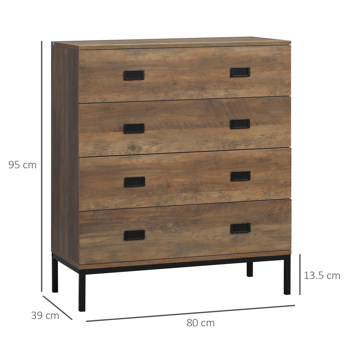 Brown four-drawer chest with black metal legs, 80 cm wide and 95 cm tall