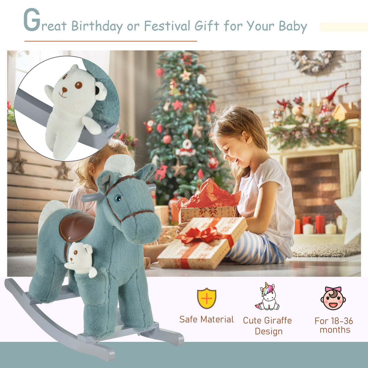 Blue plush rocking horse with brown saddle, attached white toy, and gray rockers