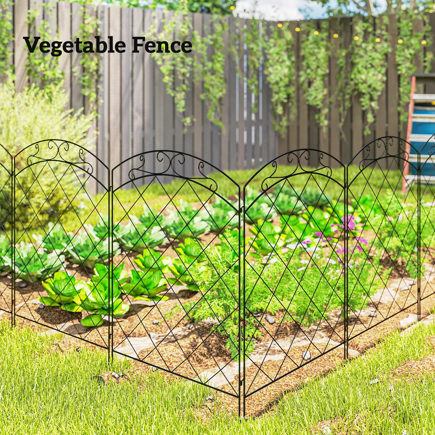 Outsunny Steel Decorative Swirls Outdoor Picket Fence Panels Set of 4, Black