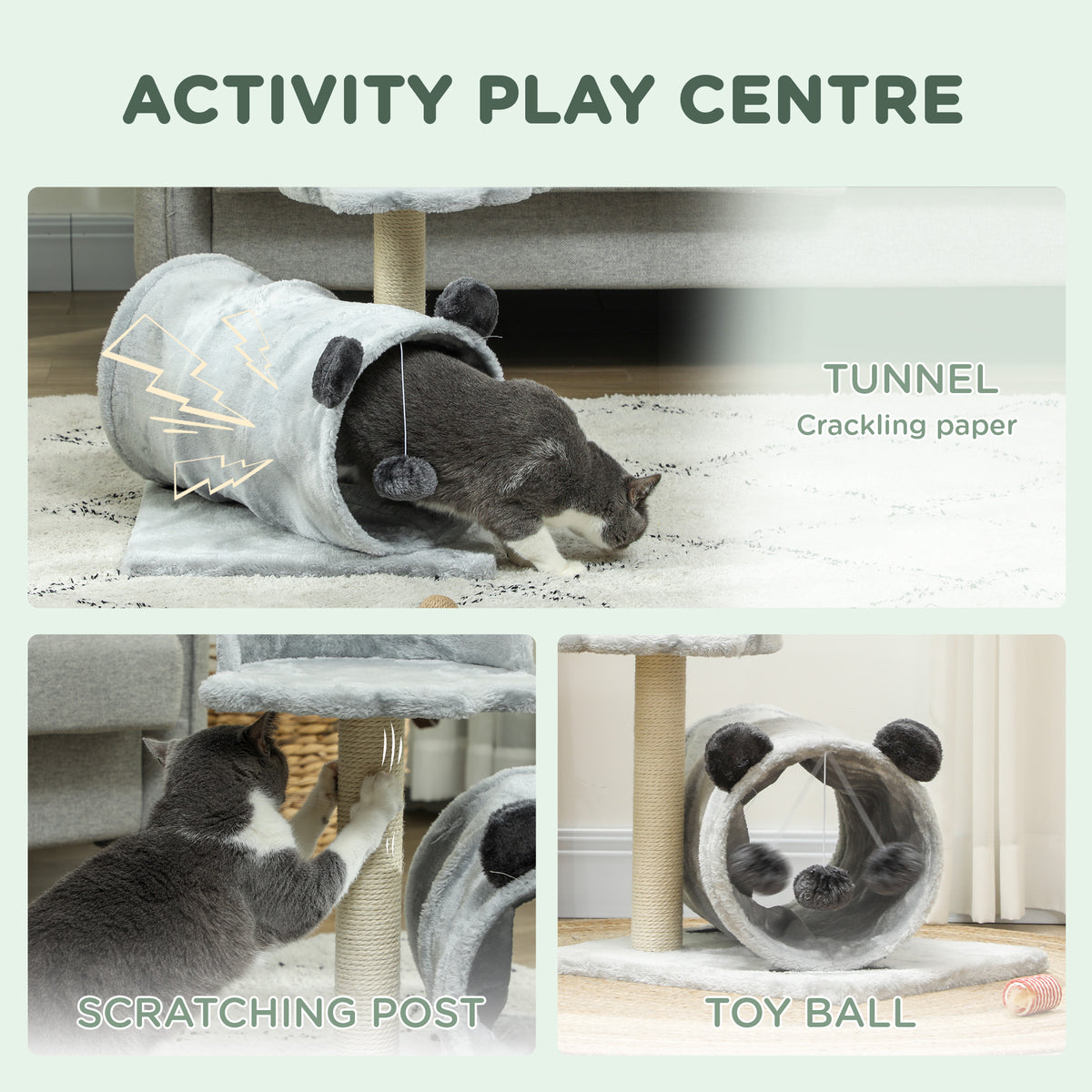 Grey cat tree in use, showing its tunnel, scratching post and hanging toy ball