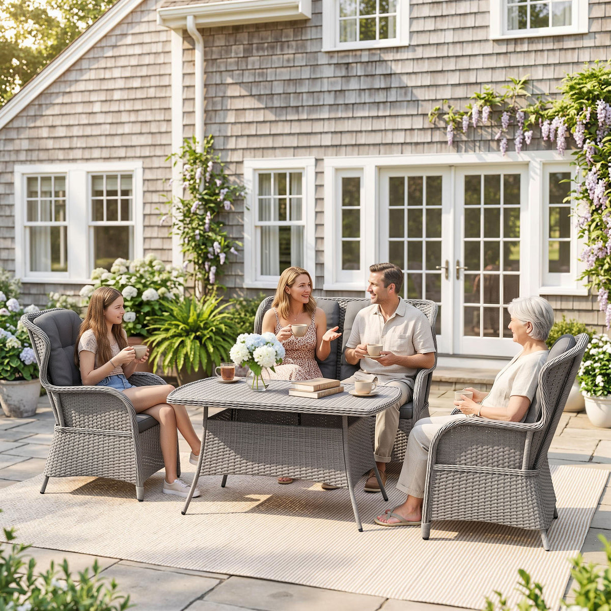 Light gray wicker patio dining set with four cushioned armchairs and a rectangular glass-top table