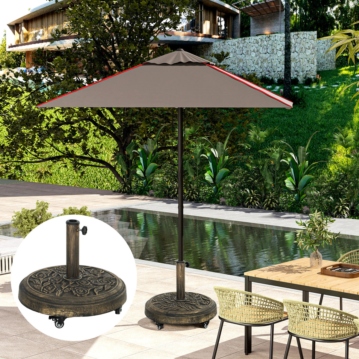 Outsunny Parasol Base, Umbrella Base with Wheels Cast Iron Effect, for Umbrella, Canopy, Weather Resistant, Bronze Tone