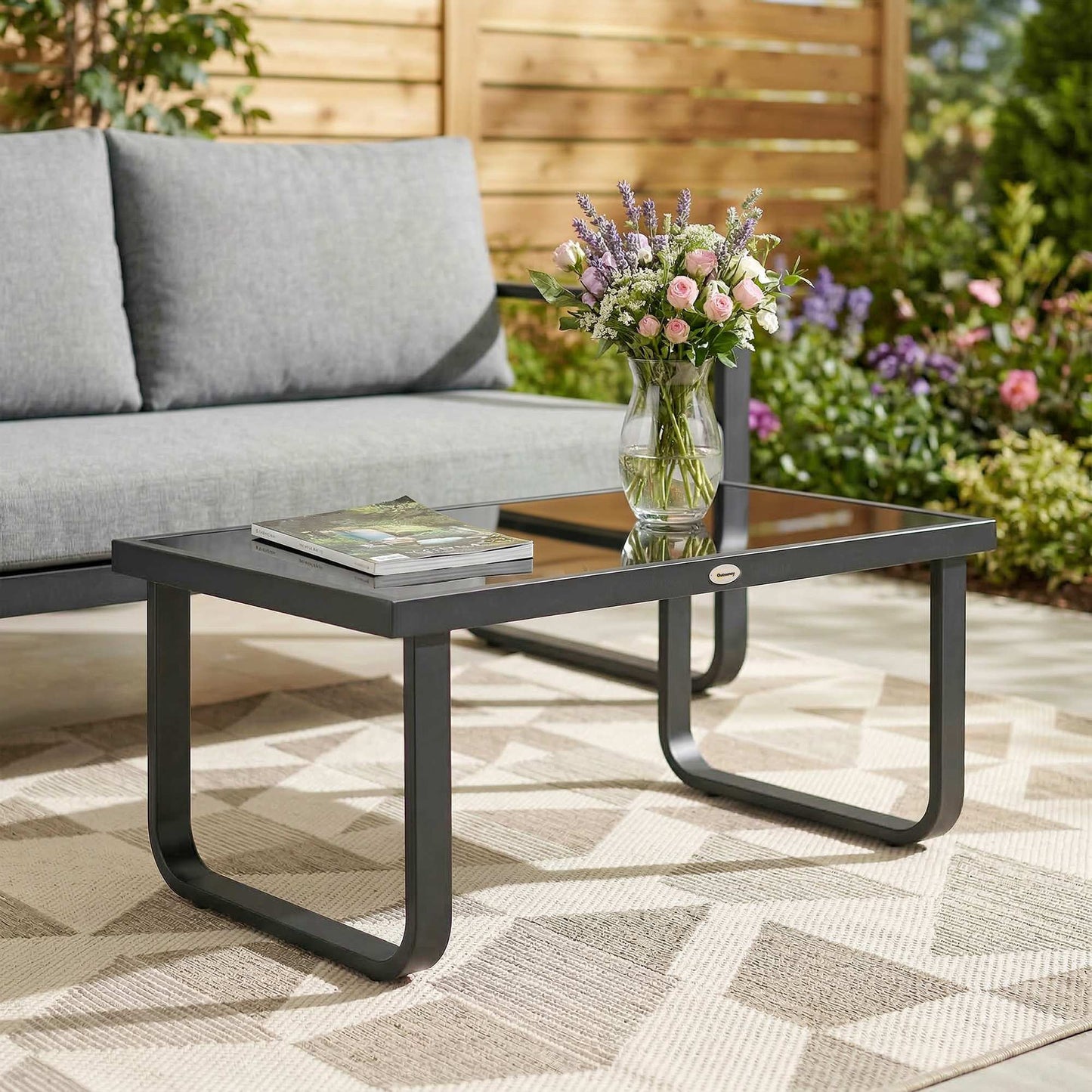 Outsunny Outdoor Garden Coffee Table, Rectangle Metal Side Table with Tempered Glass Tabletop, Adjustable Foot Pads