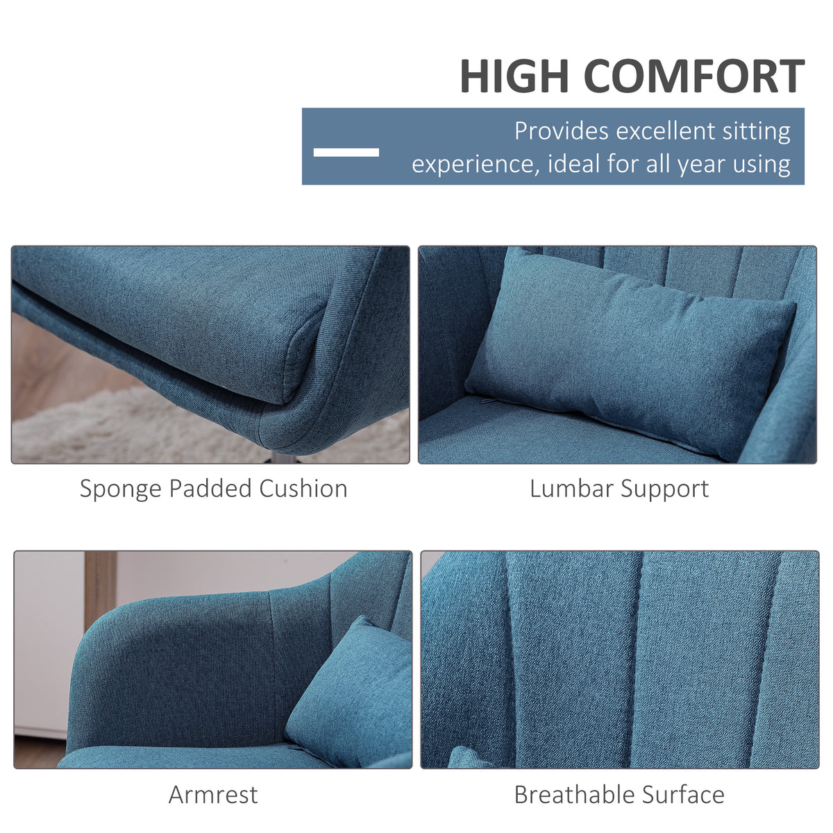 Blue upholstered swivel chair with padded cushion, lumbar pillow, armrests, and channel-stitched back