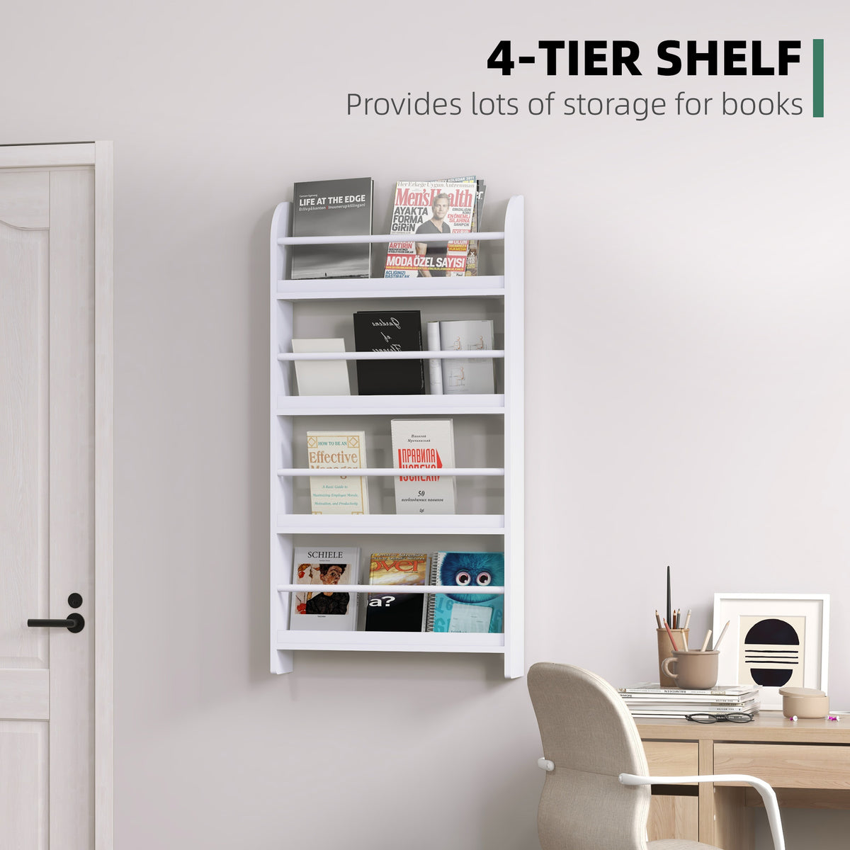 White wall-mounted four-tier bookcase holding books and magazines.