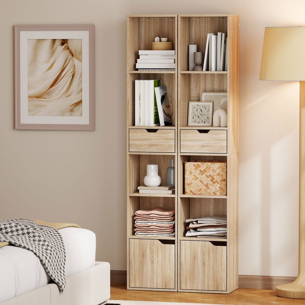 HOMCOM 6-Tier Bookcase, Tall Narrow Bookshelf with Drawer and Door - Natural Wood Finish