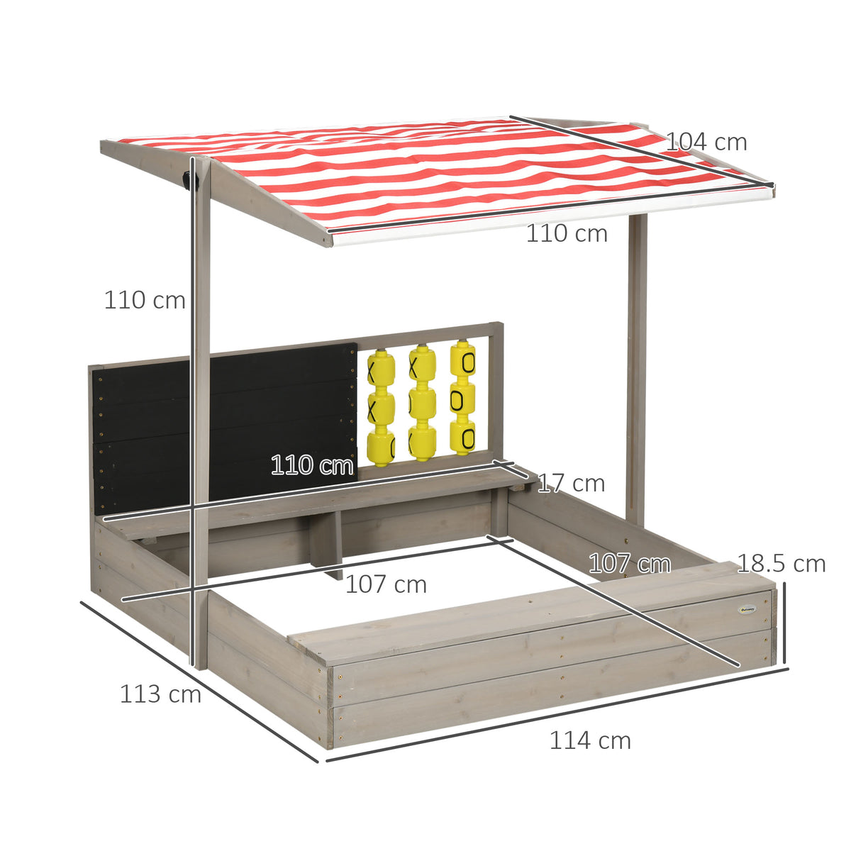 Outsunny wooden sandpit with canopy and seats, shown with product dimensions