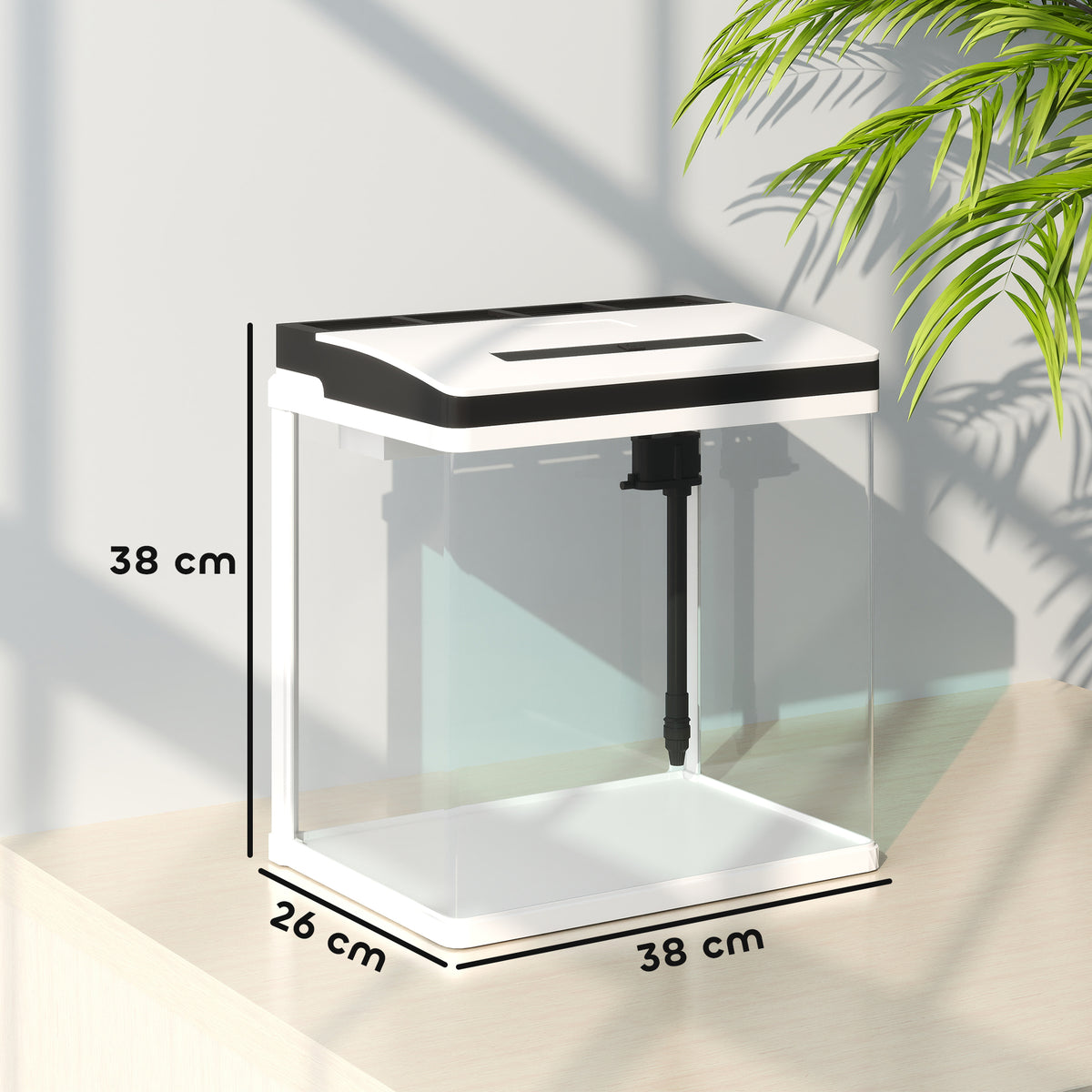 PawHut glass fish tank with LED lid and filter, marked 38 x 26 x 38 cm