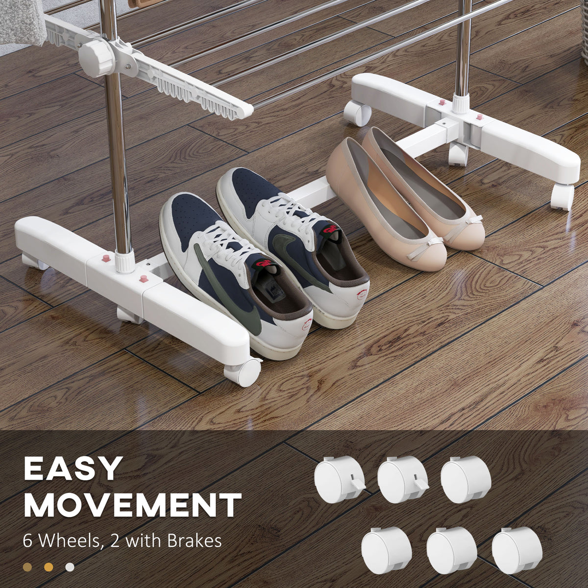 White drying rack base with caster wheels, shown beside shoes; six wheels include two with brakes.