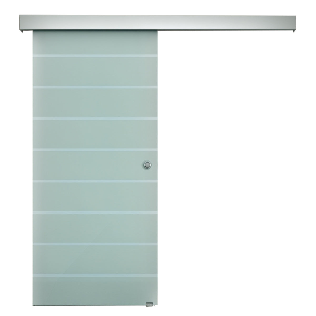 HOMCOM frosted glass sliding door with horizontal stripe pattern, round handle, and overhead rail
